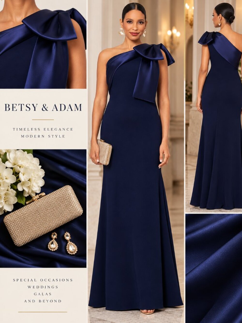 Betsy & Adam Navy One Shoulder Bow Formal Evening Gown Size 16 NWT